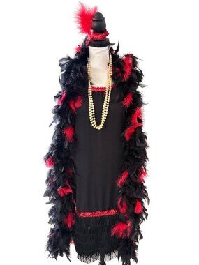Flapper Dress Gatsby Halloween Dress Feather Boa Faux Pearl Necklaces Size M/L